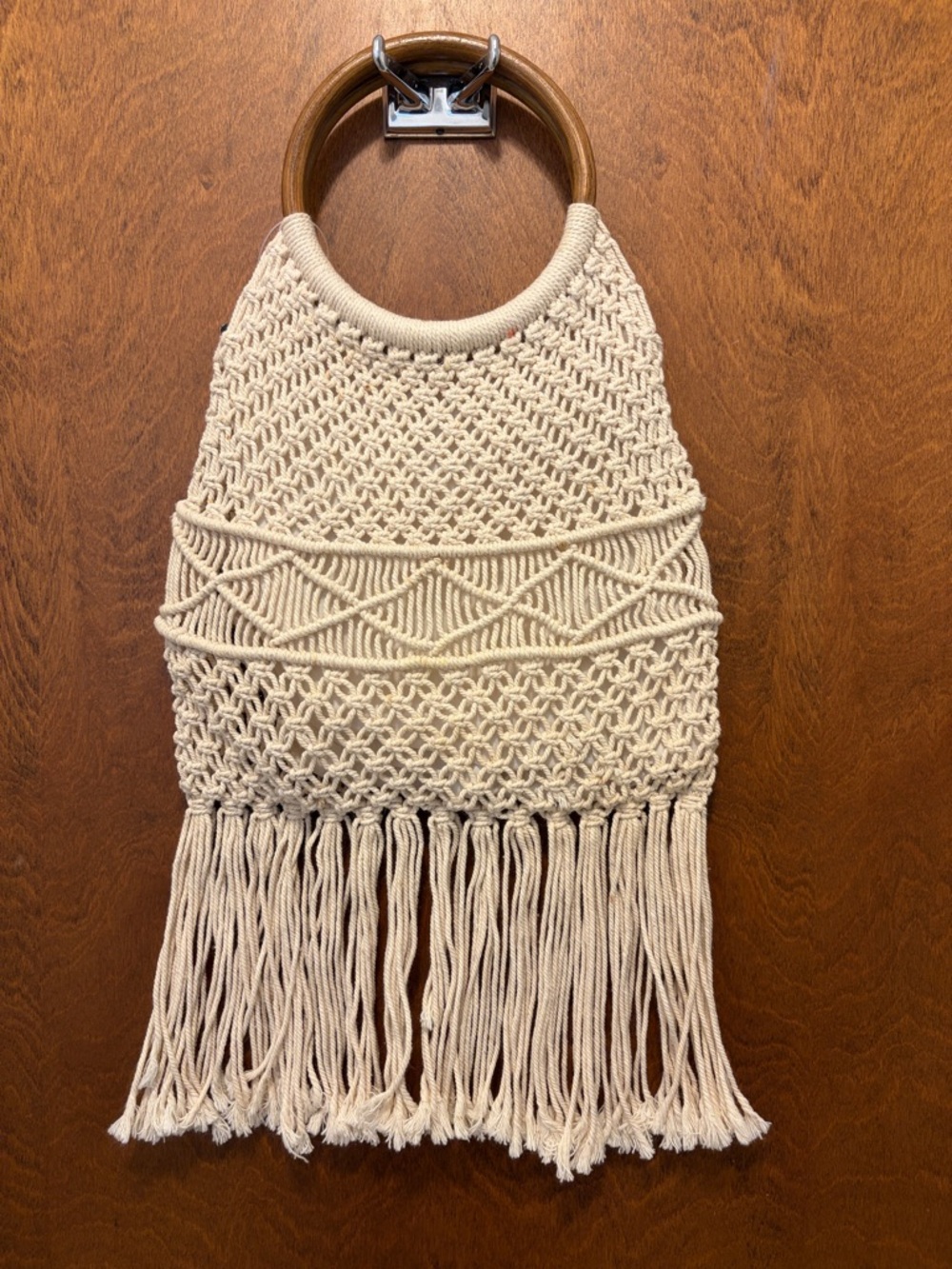 No boundaries Boho Macramé Fringe Tote with Wooden Handles - Cream NWT